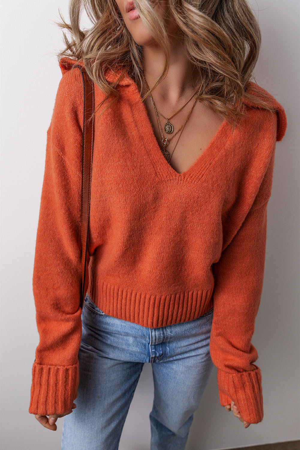 Racing Red Collared V Neck Ribbed Edge Sexy Elegant Sweater