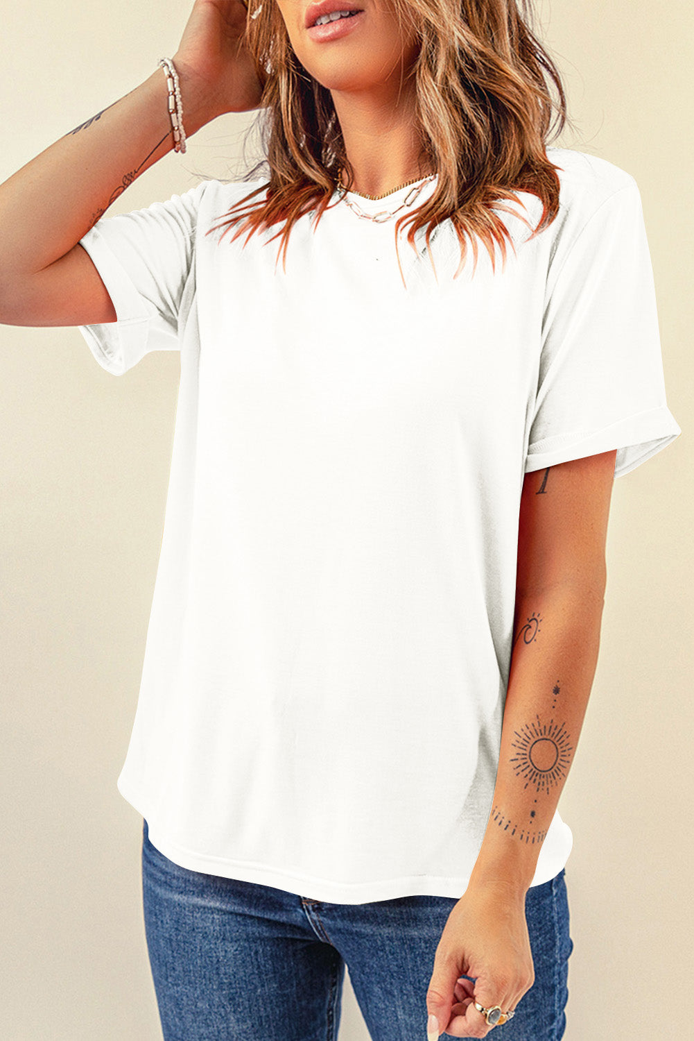 Sachet Pink Bright Casual Plain Crew Neck Tee