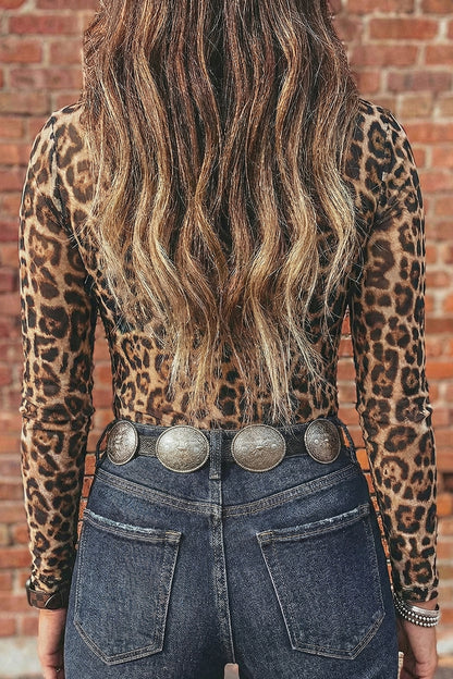 Oatmeal Western Print Slim Fit Mesh Long Sleeve Mock Neck Top