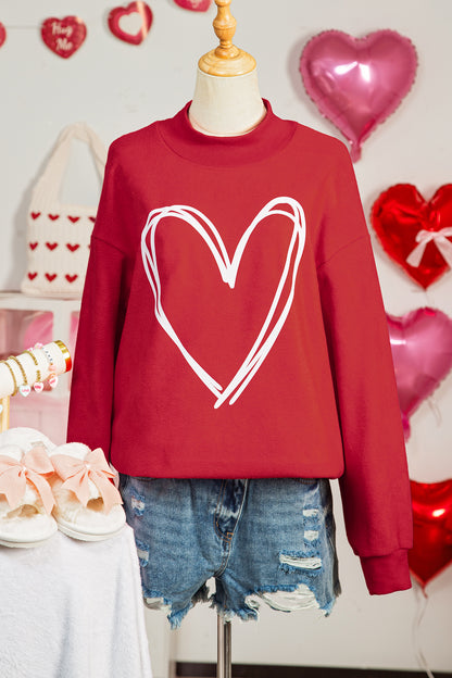 Racing Red Valentines Day Heart Love Script Reversible Printed Double Wear Mock Neck Sweatshirt