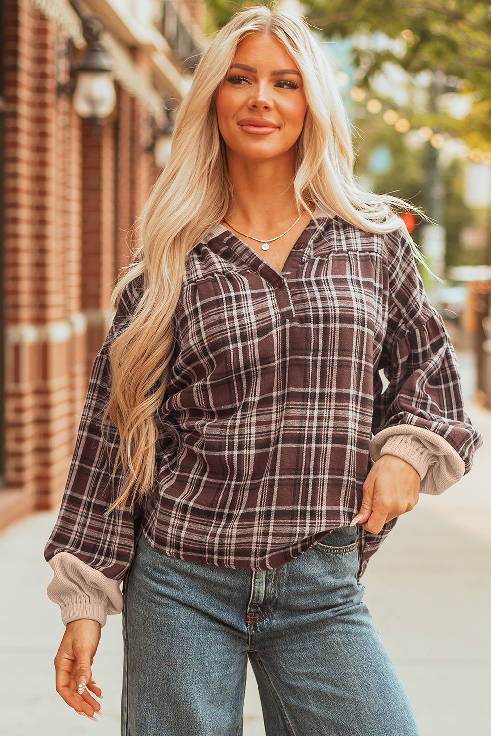 Gray Plaid Patchwork Long Sleeve Button Hooded Blouse