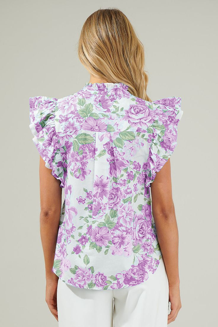 Sky Blue Floral Print Ruffle Sleeve Frilly Button Up Shirt
