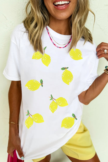 White Sequin Lemon Graphic Casual Summer Tee