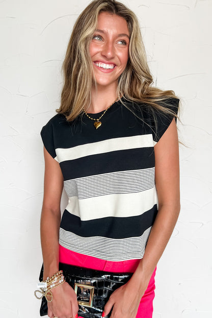 Black Stripe Mixed Print Crew Neck Cap Sleeve T Shirt