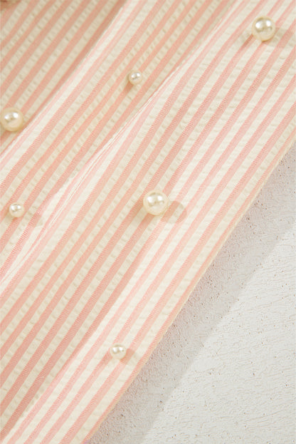 Pink Stripe Bow Knot Cuff Pearl Embellished Puff Sleeve V Neck Blouse