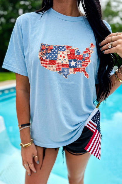 Light Blue Faux Patchwork Print American Patriotic Graphic Tee