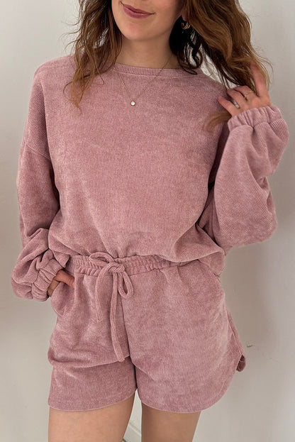 Black Solid Color Textured Knit Drop Shoulder Pullover Drawstring Shorts Set