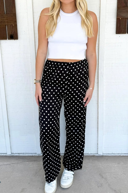 Black Polka Dot Print Elastic Waist Lace Hem Loose Pants