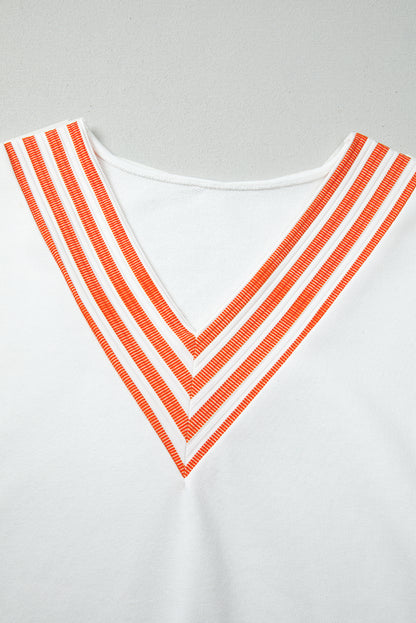 Orange Stripe  V Neck Drop Shoulder Patchwork Long Sleeve Top