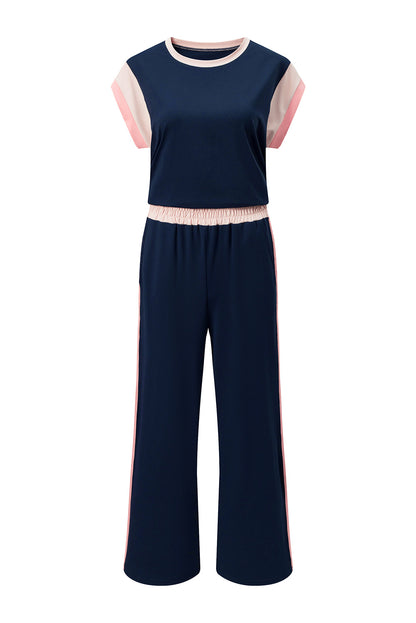 Navy Blue Color Block Detail Casual Two-piece Set