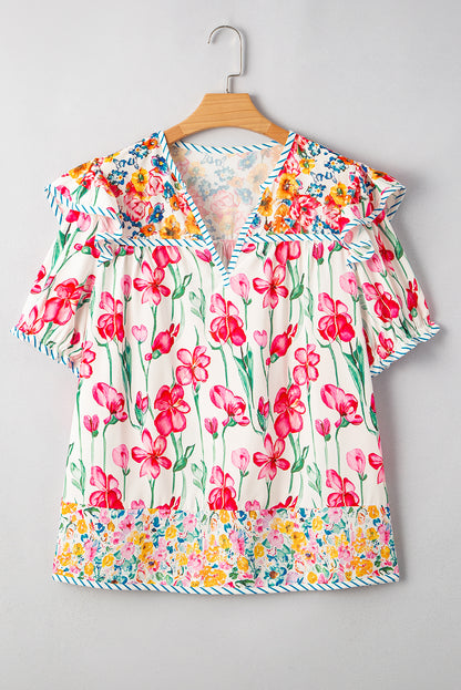 Pink Plus Size Floral Print Striped Trim V Neck Blouse