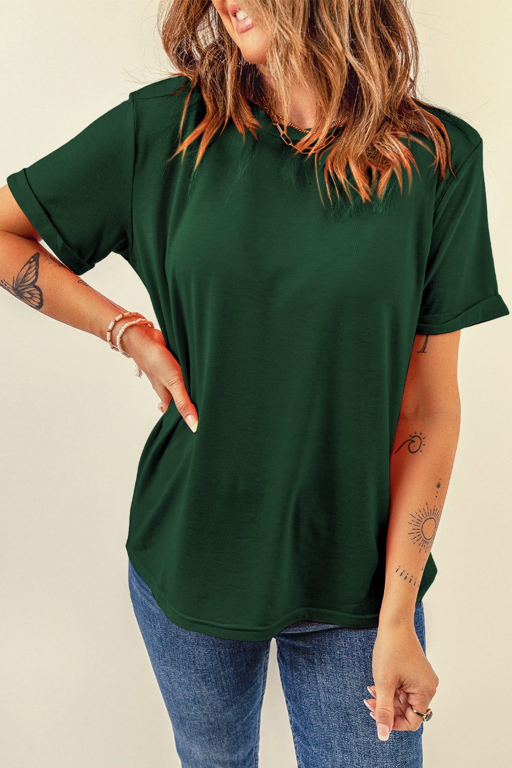 Sachet Pink Bright Casual Plain Crew Neck Tee