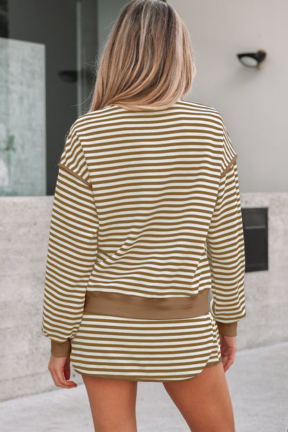 Black Stripe Textured Drop Shoulder Pullover Top Drawstring Mini Skort Two Piece Dress Set