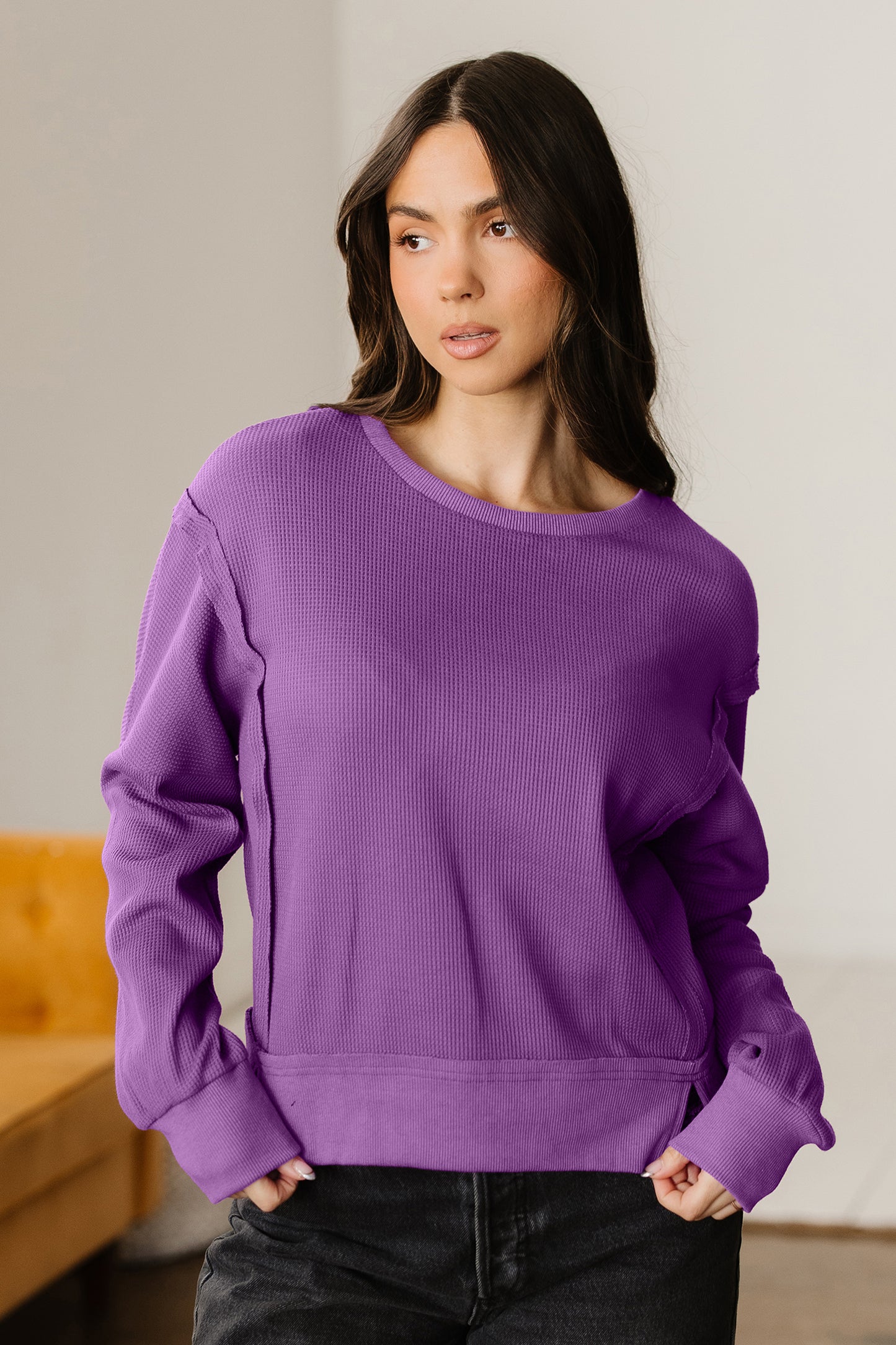 Evergreen Solid Color Raw Seam Patchwork Textured Drop Shoulder Sweatshirt