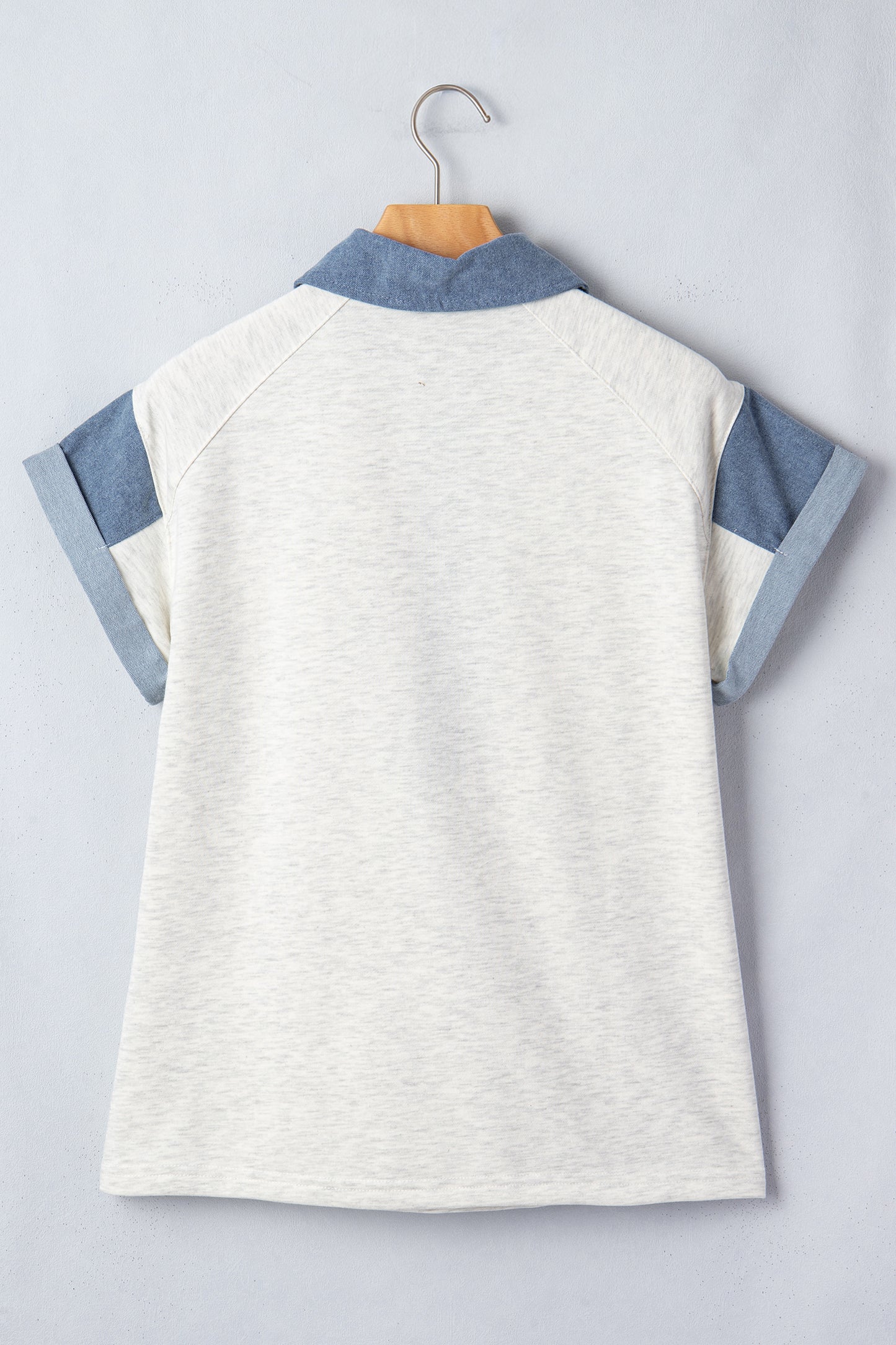 Carbon Grey Denim Color Block Patchwork Shirt Collar Short Sleeve Blouse