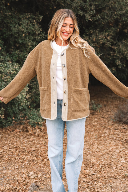 Light French Beige Puffy Plush Corduroy Edge Patchwork Jacket with Big Pockets