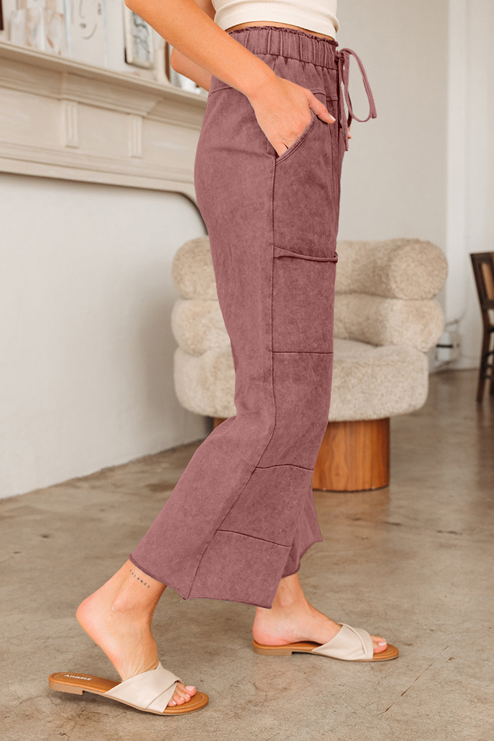 Medium Grey Mineral Wash Lace-up High Waist Raw Hem Patched Pocket Pants