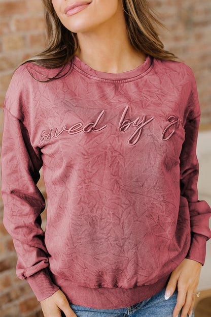 High-rise saved by grace Letter Embroidery Mineral Wash Loose Sweatshirt
