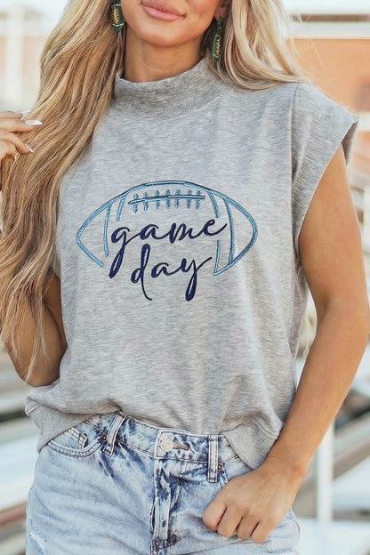 Light Grey Embroidered Game Day Football High Neck Short Sleeve Top