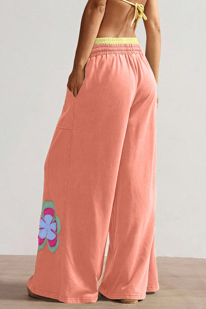 Sky Blue Color Block Flower Patchwork Drawstring Contrasted Elastic Waist Wide Leg Pants