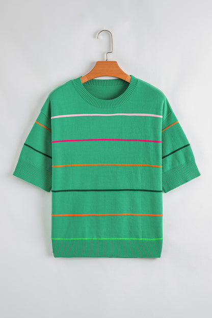 Beau Blue Colorblock Striped Half Sleeve Drop Shoulder Sweater