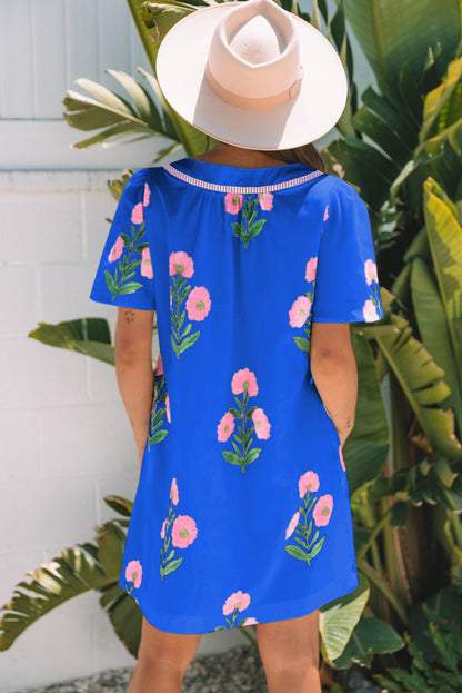Rose Floral Short Sleeve Split Neck Loose Mini Dress