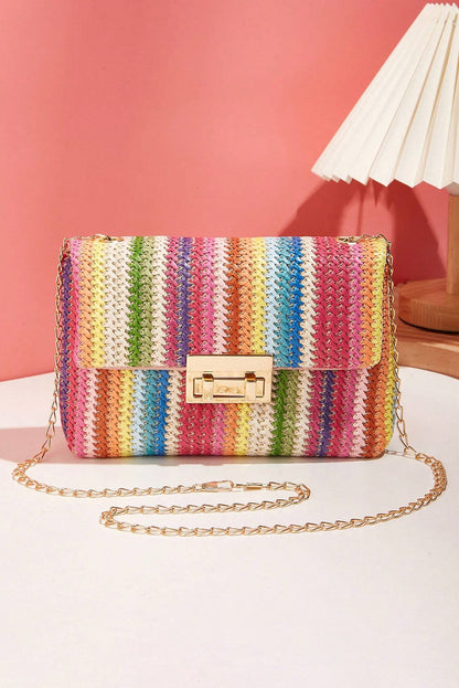 Strawberry Pink Straw Plaited Gold Chain Clasp Closure Single Shoulder Bag