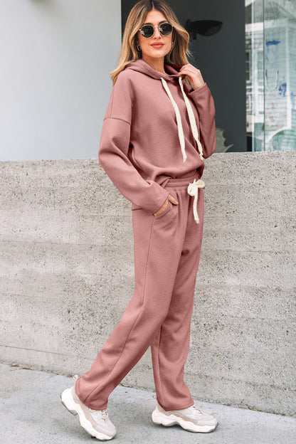 Dark Khaki Leopard Drawstring Pullover Hoodie and High Waist Pants Corduroy Suit