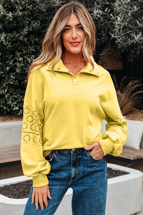 Yellow Cream Embroidered Flower Patchwork Snap Buttons Pullover Sweatshirt