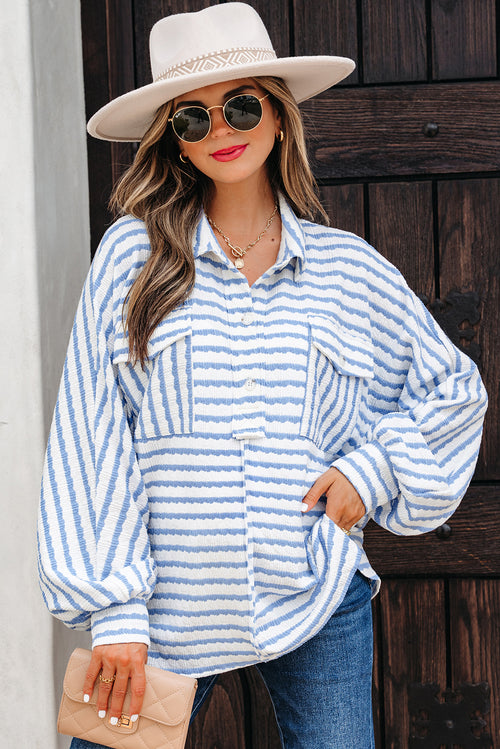 Sky Blue Stripe Half Button Collared Chest Pockets Loose Fit Blouse