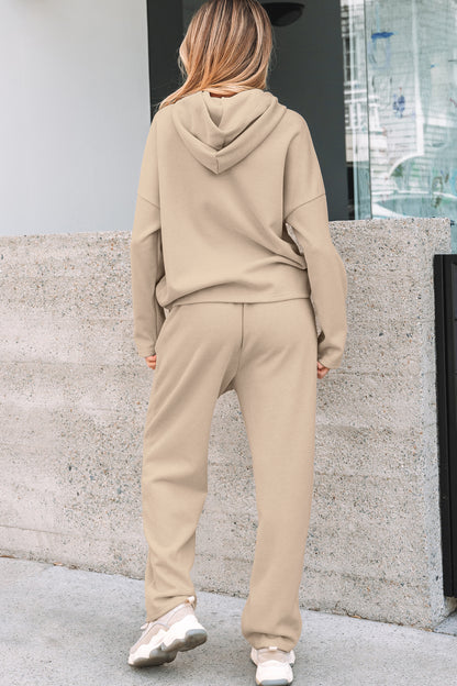 Dark Khaki Leopard Drawstring Pullover Hoodie and High Waist Pants Corduroy Suit