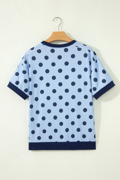 Pink Color Block Trim Polka Dot Casual Tee