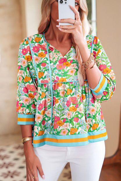 Green Floral Print Striped Trim Tie Neck Puff Sleeve Babydoll Blouse
