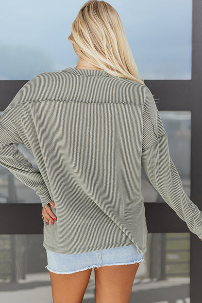 Black Twist Ribbed Exposed Seam Detail Long Sleeve Loose Top