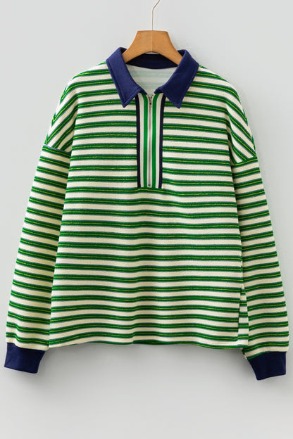 Racing Red Striped Print Contrast Collar Zip V Neck Long Sleeve Top