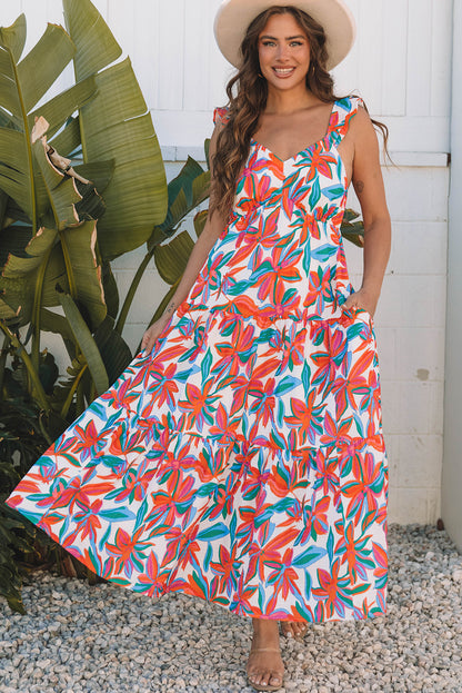 Red Boho Floral Ruffled Strap V Neck Maxi Dress