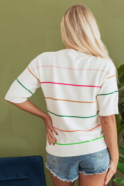 Beau Blue Colorblock Striped Half Sleeve Drop Shoulder Sweater