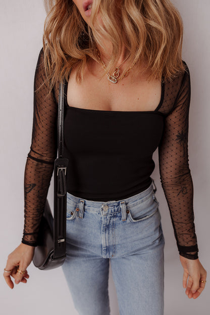 Black Polka Dot Mesh Long Sleeve Square Neck Bodysuit
