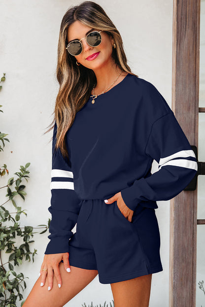 Evergreen Varsity Striped Sleeve Drop Shoulder Sweatshirt and Short Set