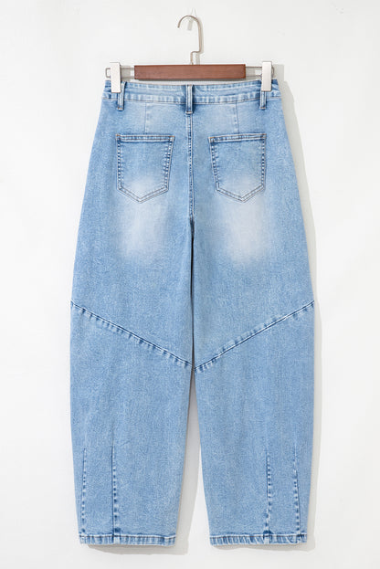 Beau Blue Flower Patched Light Wash Cropped High Waist Barrel Jeans