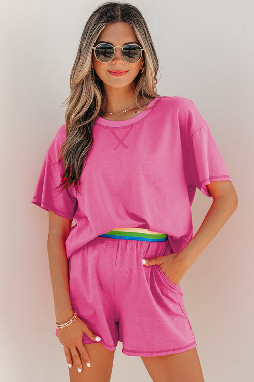 Bright Pink Seam Detail Raw Edge Tee Rainbow Waistband Casual Short Set