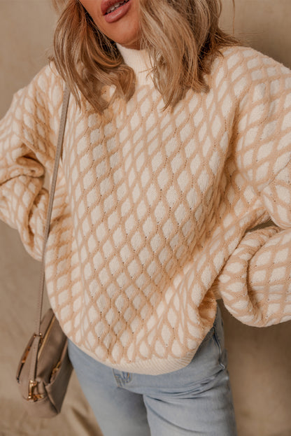 Smoke Gray Rhombus Textured Knit Mock Neck Sweater