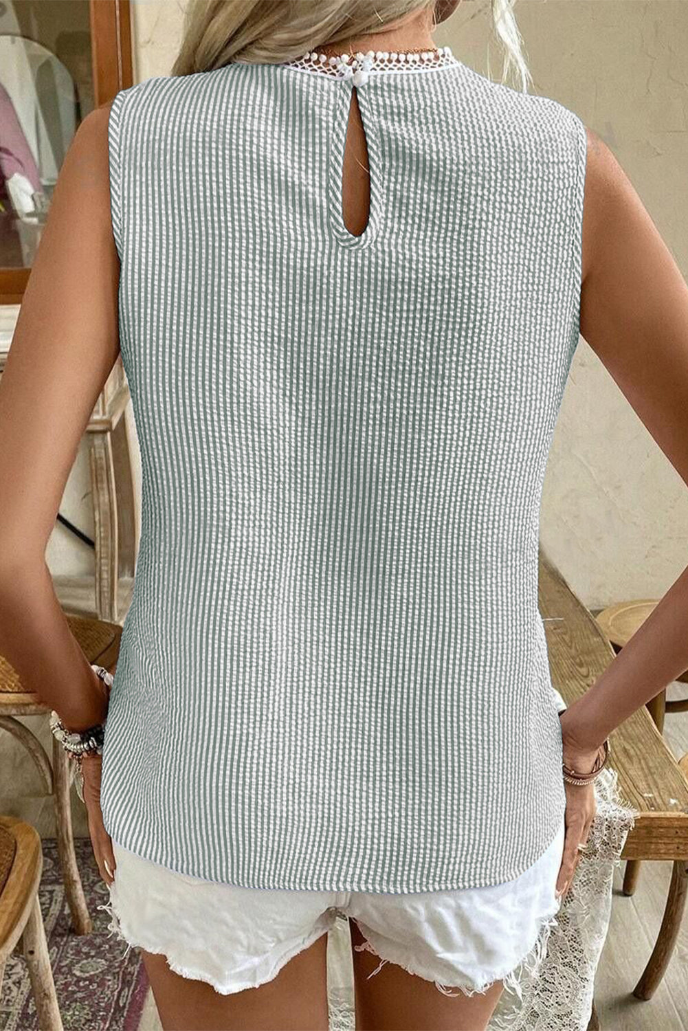 Sky Blue Stripe Lace Patchwork Crew Neck Tank Top
