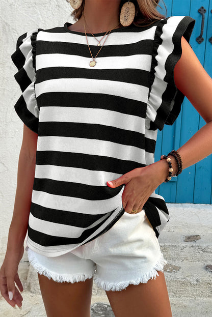 Green Stripe Flutter Sleeve Round Neck T Shirt