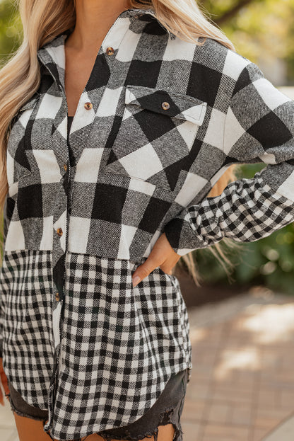 Black Double Plaid Patchwork Drawstring Hooded Shacket