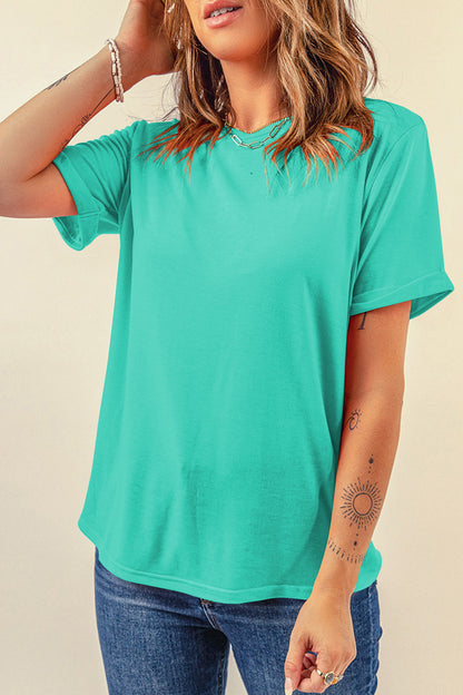 Sachet Pink Bright Casual Plain Crew Neck Tee