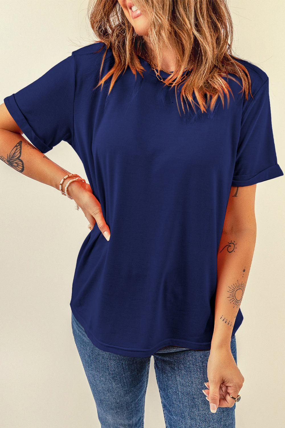 Sachet Pink Bright Casual Plain Crew Neck Tee