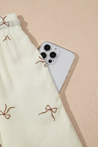 White Bow Print Lace Drawstring Elastic Waistband Casual Shorts