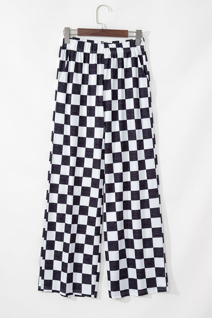 Red 2-Tone Checked Print High Waist Wide Leg Pants