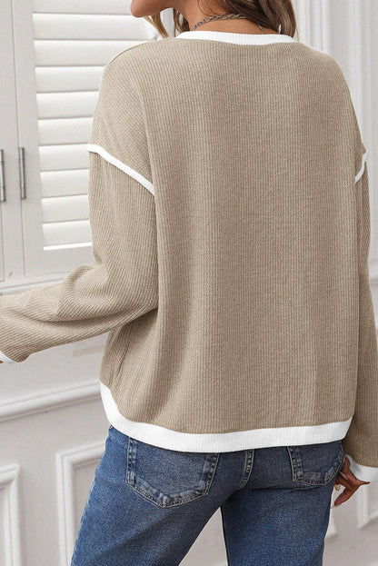Four Leaf Clover Contrast Color Trim Knit Drop Shoulder Loose Top